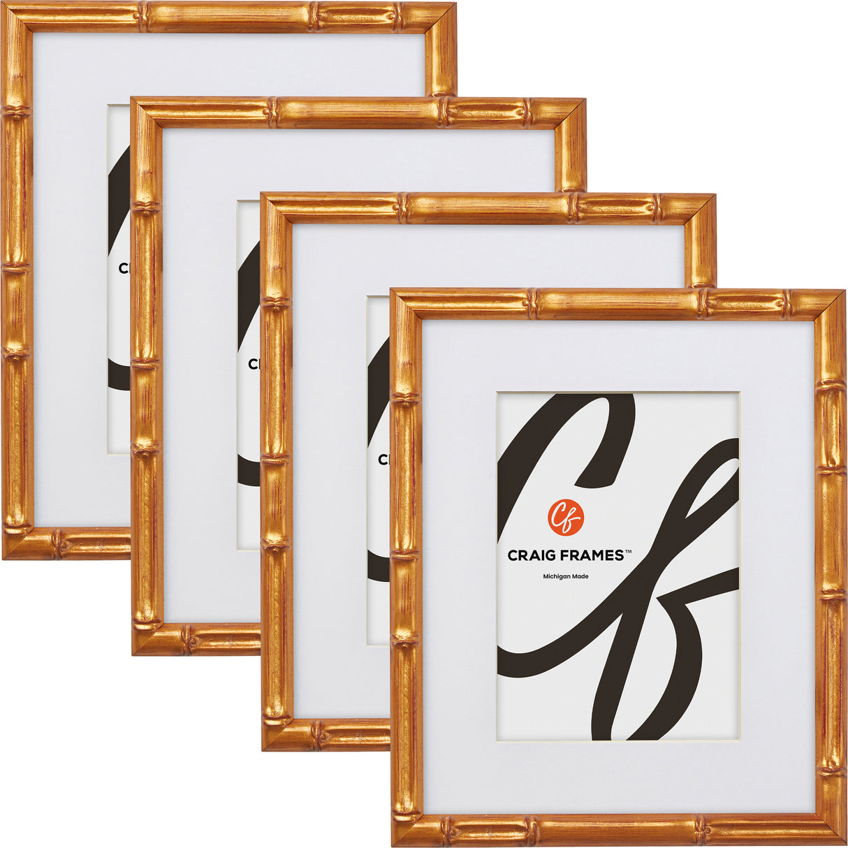 Vintage Bamboo .625", Matted Brushed Gold Picture Frame - 4 Piece Set