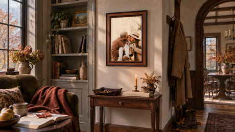 Warm autumn living room with a mahogany and black two-tone picture frame displaying botanical art above a wooden console table with candlelight and fall decor