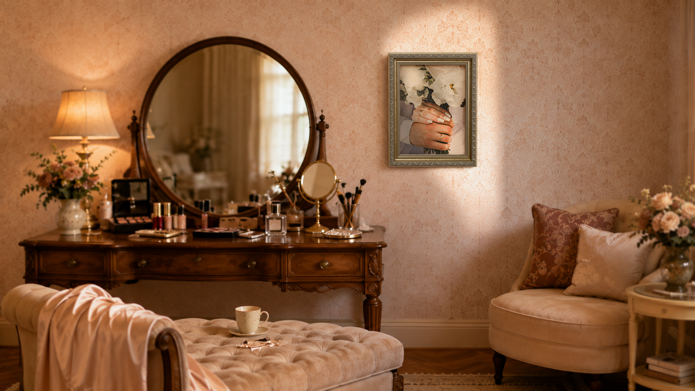 Ornate antique silver picture frame holding a bridal bouquet portrait, hung in a warm, glamorous getting-ready room with a vintage vanity and soft florals."